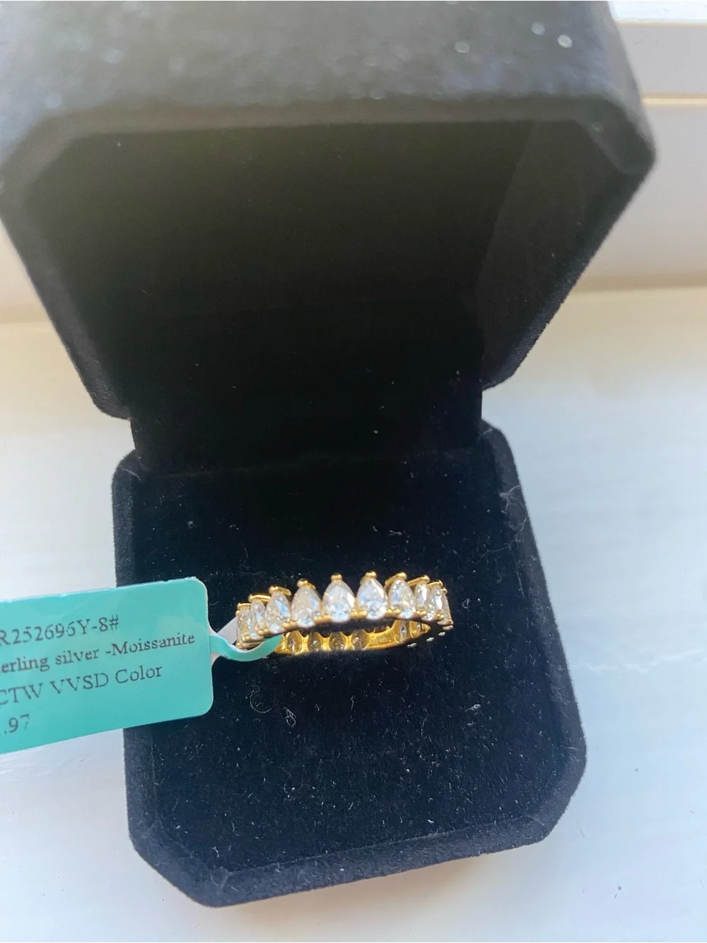 Gold Over Silver Teardrop Moissanite Eternity Band Size 8